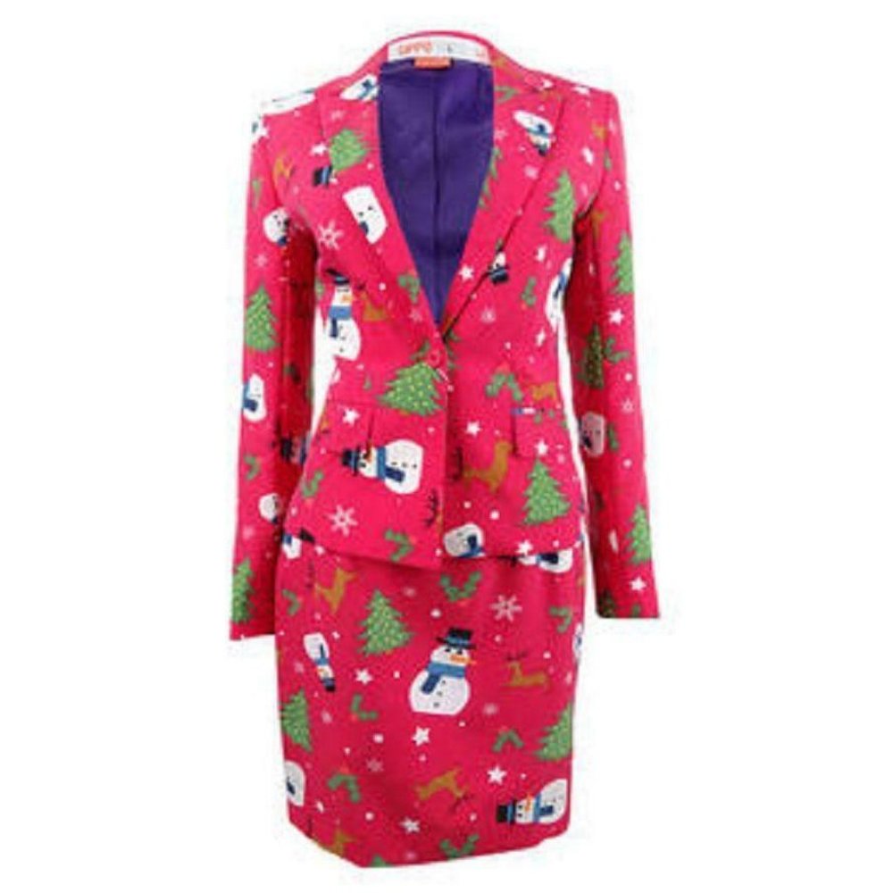 OppoSuits Women's One-Button Printed Holiday Skirt Suit (6, Christmiss)